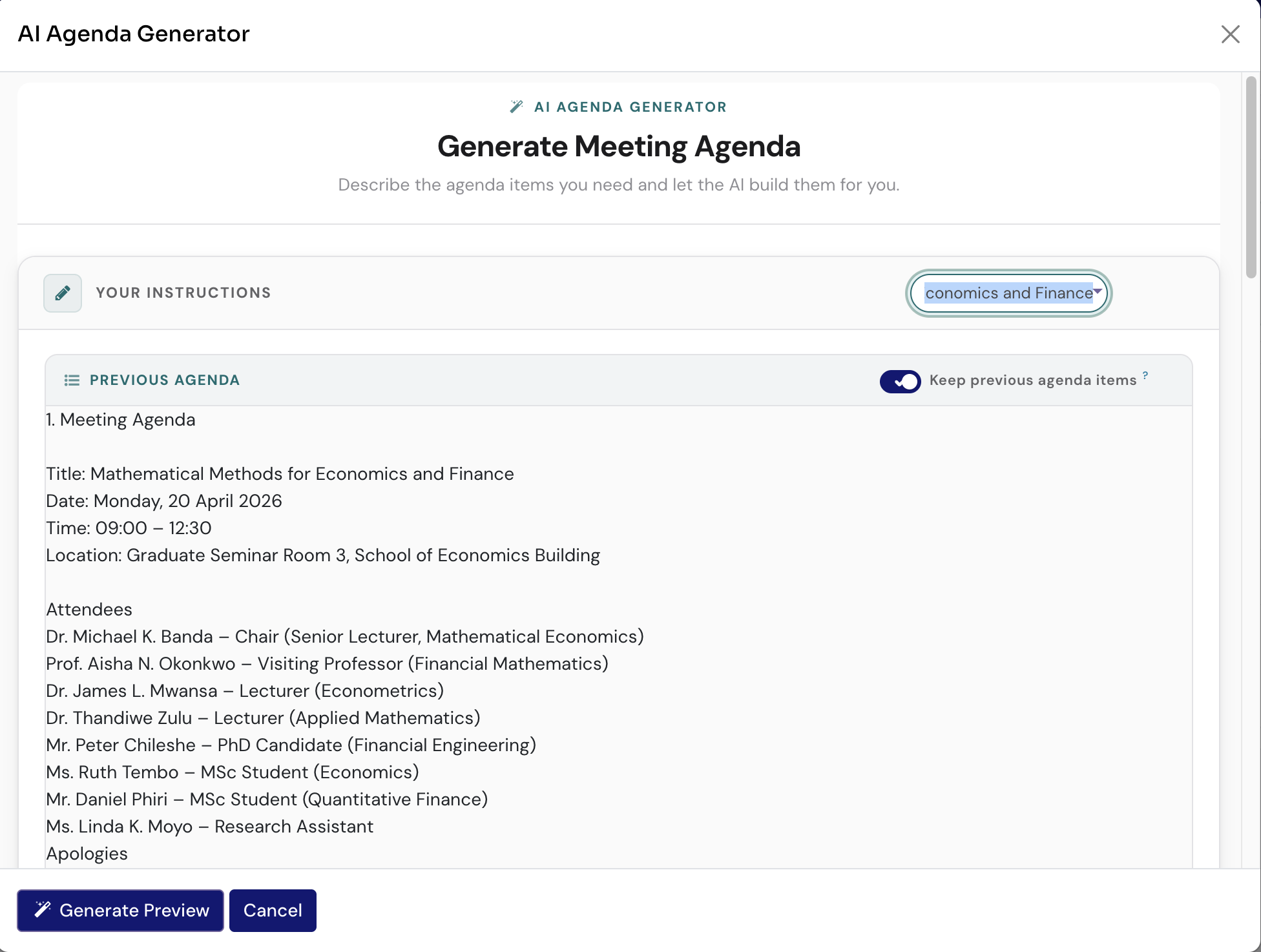 Generate meeting agenda