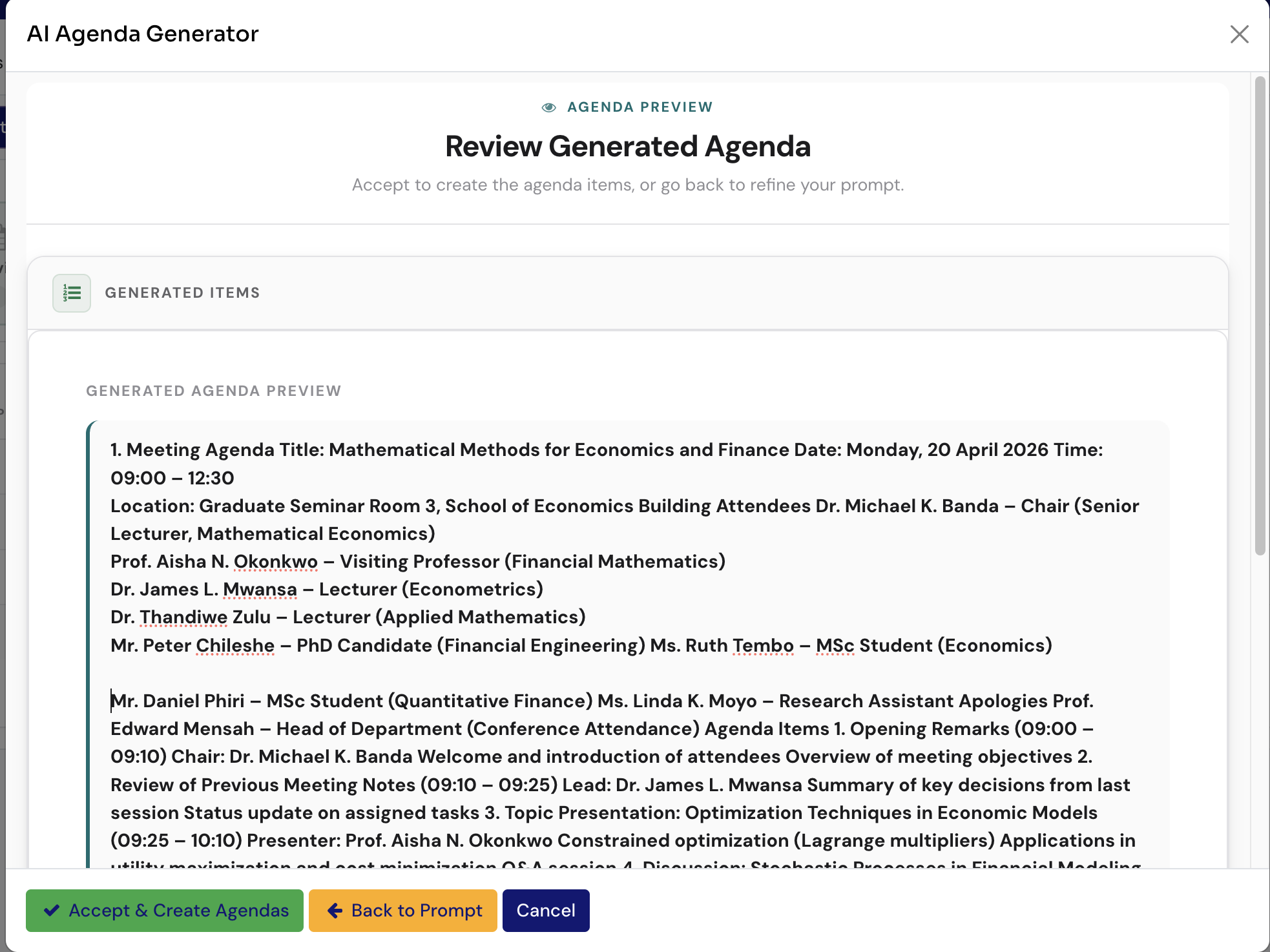 Review generated agenda